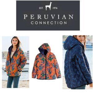 Peruvian Connection Reversible Quilted Jacket Floral Hooded Coat Women M